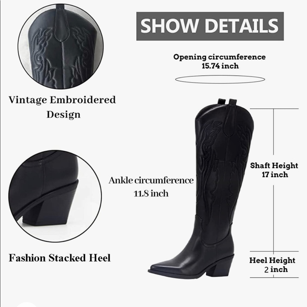 Cowboy Knee High Western Boots- Women Embroidered Chunky Stacked Heel- size 8